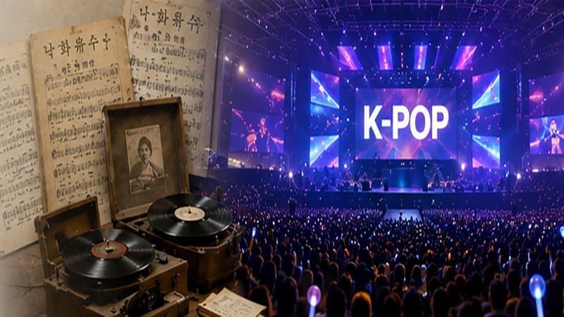 <img src="korean-music-history.jpg" alt="한국 대중음악 발전과 낙화유수의 의미">