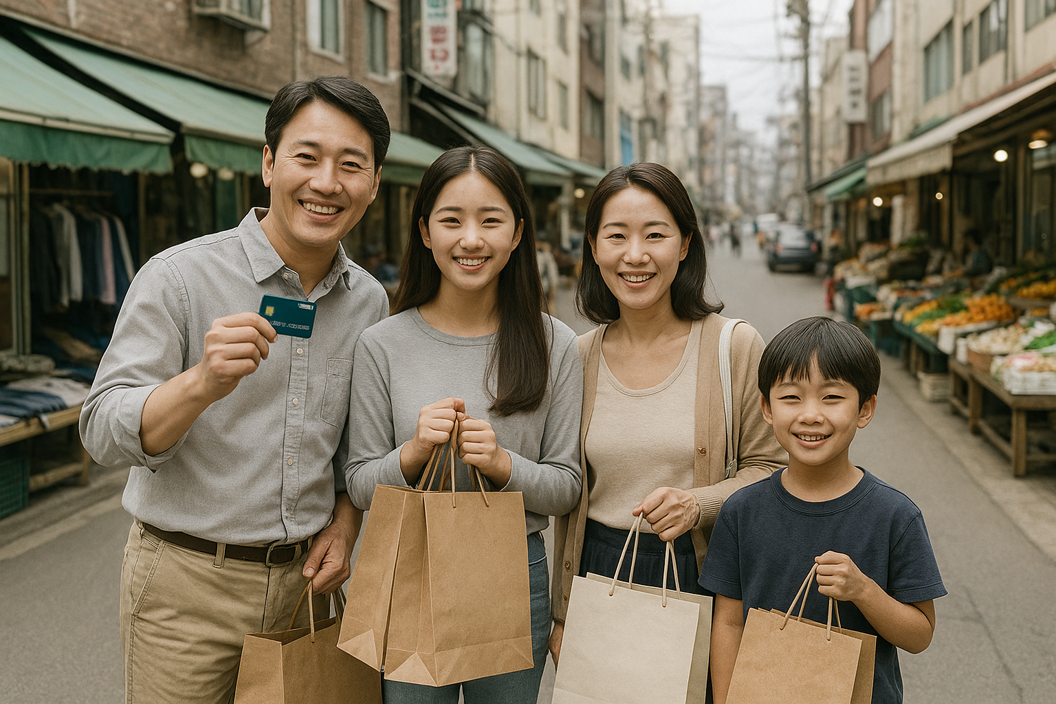 Smiling Korean family of four holding shopping bags and a credit card in a traditional market street&amp;#44; illustrating the benefit of the Livelihood Recovery Consumption Coupon.