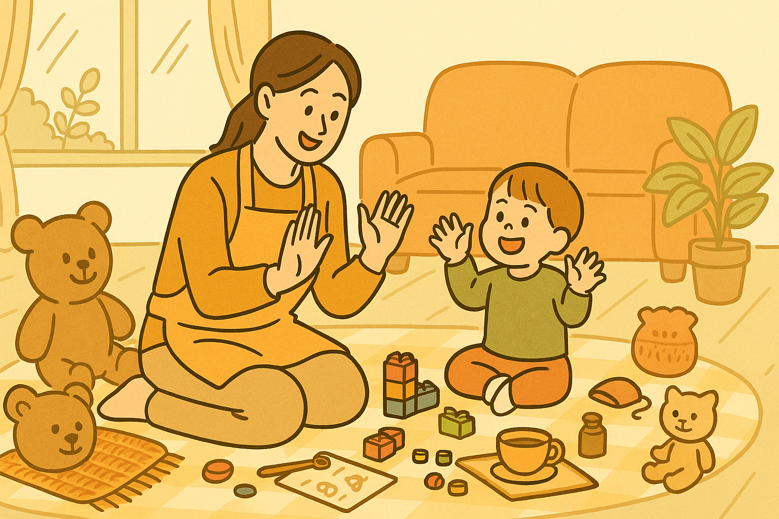 아이와 손뼉치기 놀이를 하며 교감하는 아이돌보미