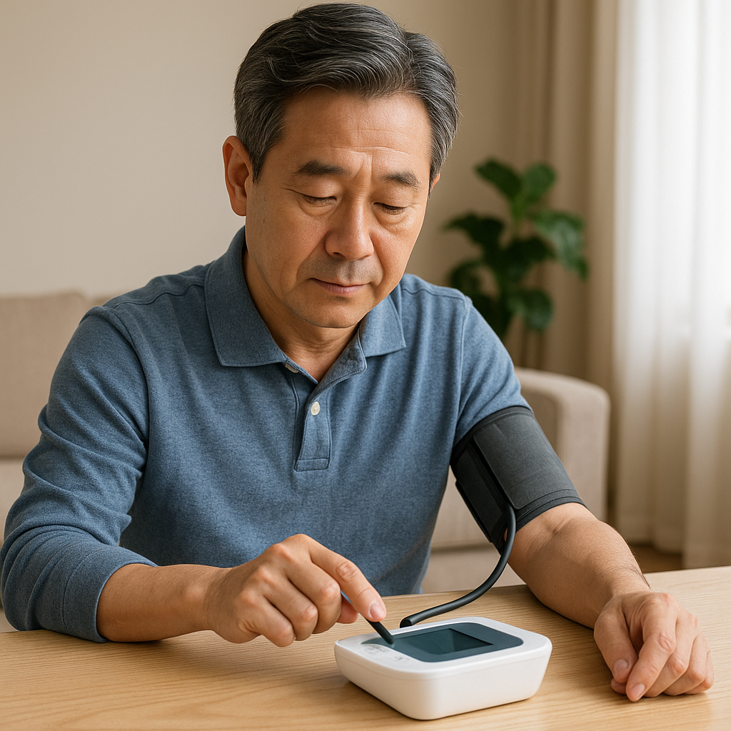 가정용 혈압계 사용하고 있는 중년 남성