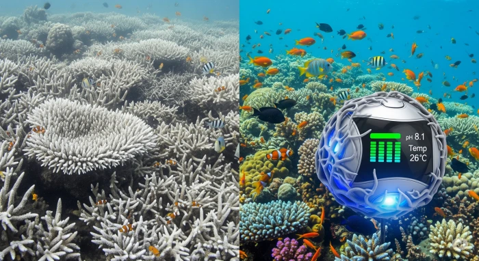 산성화된 해저의 모습과 최신 기술을 사용해 산성화를 막는 모습을 표현한 이미지