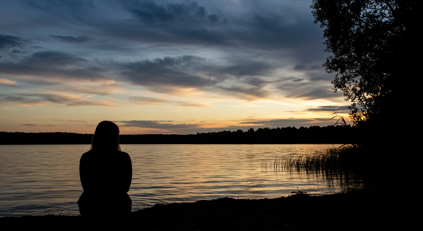 호숫가에 혼자 앉아 있는 사람의 실루엣, 감정과 함께 머무는 고요한 순간
