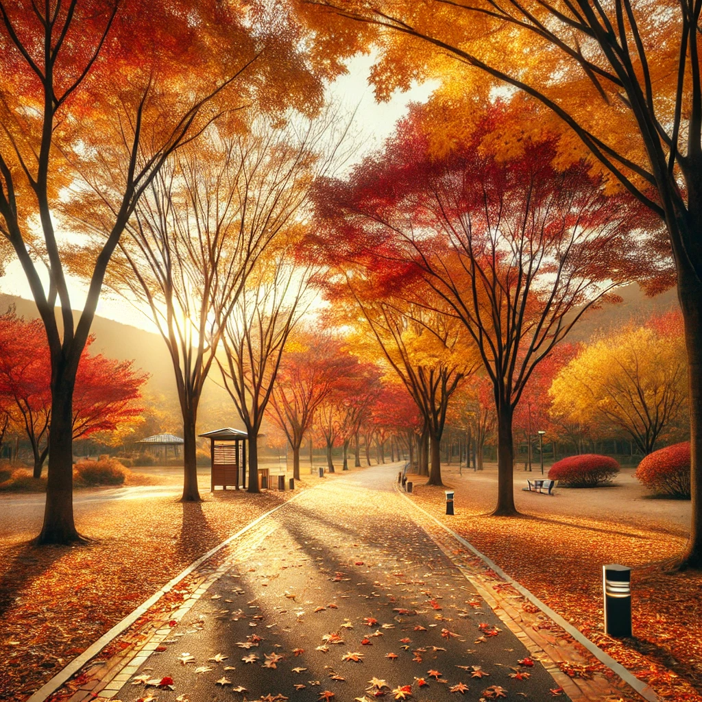 인천의 가을 풍경, 고운 단풍이 든 나무들이 늘어선 공원 길, 바닥에는 떨어진 낙엽이 깔려 있으며 맑은 하늘과 따뜻한 햇빛이 가을의 평화로운 분위기를 자아냅니다.