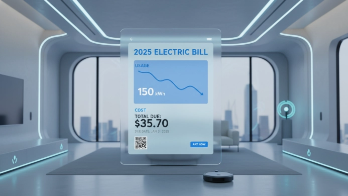 2025년 새롭게 개편된 전기요금 청구서의 심플하고 현대적인 디자인. 복잡한 누진제 대신 간소화된 요금 체계를 나타내는 아이콘과 그래프가 눈에 띄며, 파란색과 회색 톤의 깨끗한 배경이 안정감을 준다.