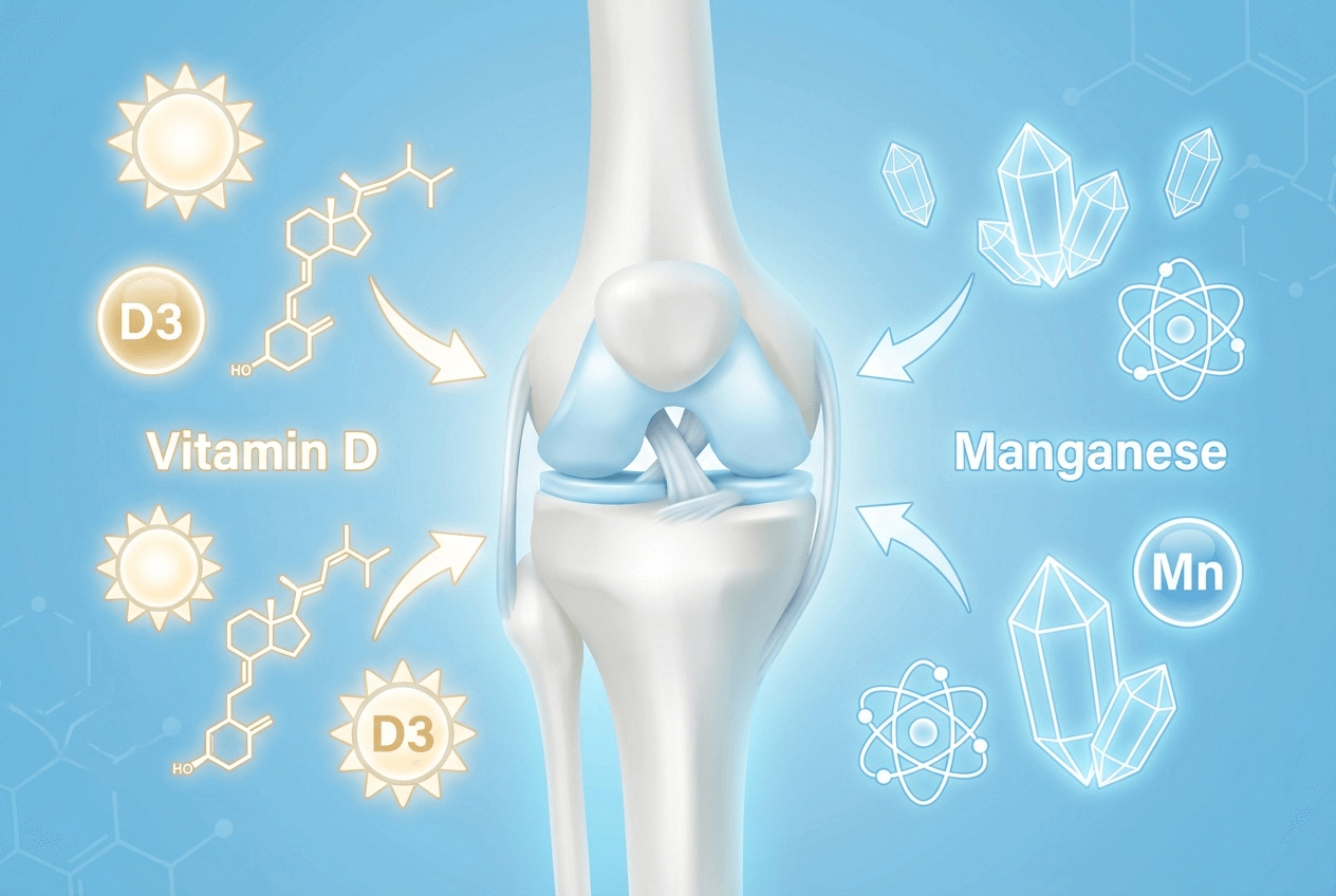 비타민D와 망간 성분이 무릎 관절과 연골 주위를 둘러싸며 뼈와 관절 건강을 돕는 과정을 시각적으로 표현한 블루 톤 인포그래픽 이미지