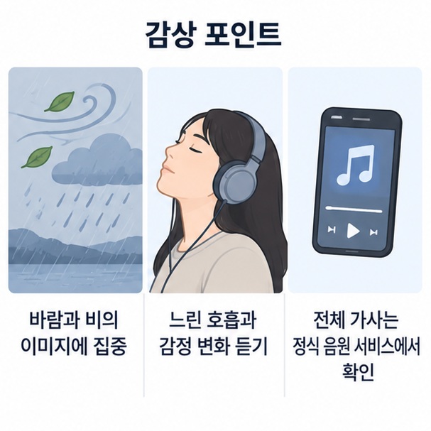 바람과 비 이미지, 느린 호흡, 후반부의 감정 변화를 따라 노래를 감상하는 방법을 보여주는 이미지