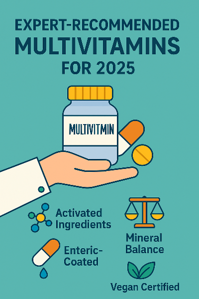 활성형 성분, 미네랄 밸런스, 장용성 캡슐, 비건 인증 등 2025년 종합비타민 선택 시 소비자와 전문가가 중요하게 보는 핵심 요소를 한 장의 그래픽으로 정리한 인포그래픽. 의사의 손과 멀티비타민 병, 각 기능별 아이콘이 특징이다.