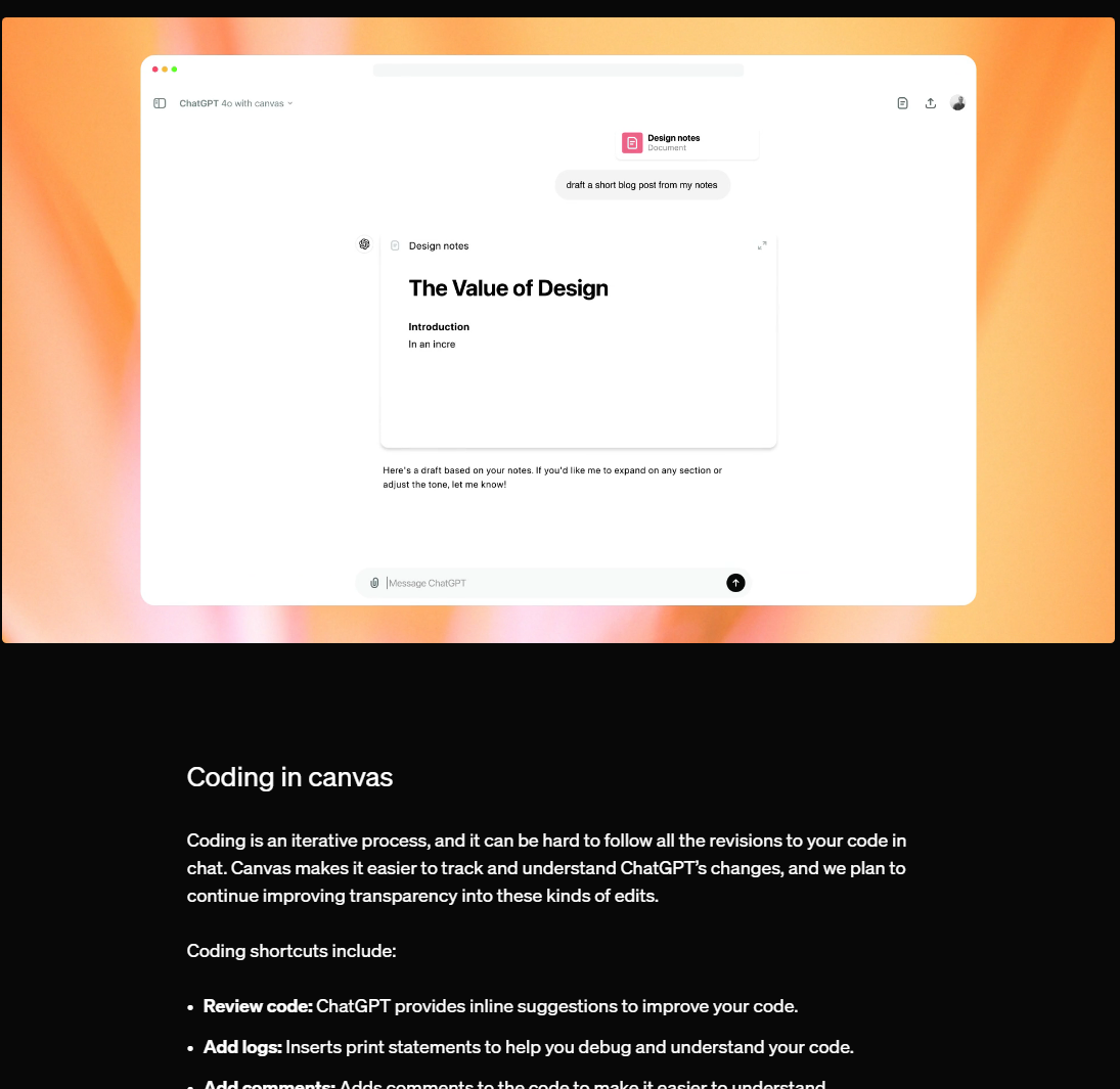 클로드의 artifact와 더불어 chatGPT의 canvas는 혁신이다. 공식 블로그 이미지.