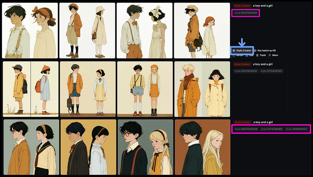 미드저니 생성 이미지에서 Style Creator를 다시 실행해 새로운 스타일 코드를 추가하는 화면