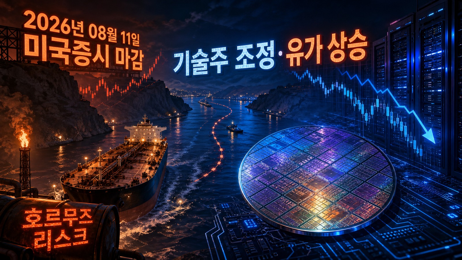 기술주 조정과 유가 상승, 호르무즈 리스크를 표현한 2026년 8월 11일 미국증시 대표 이미지