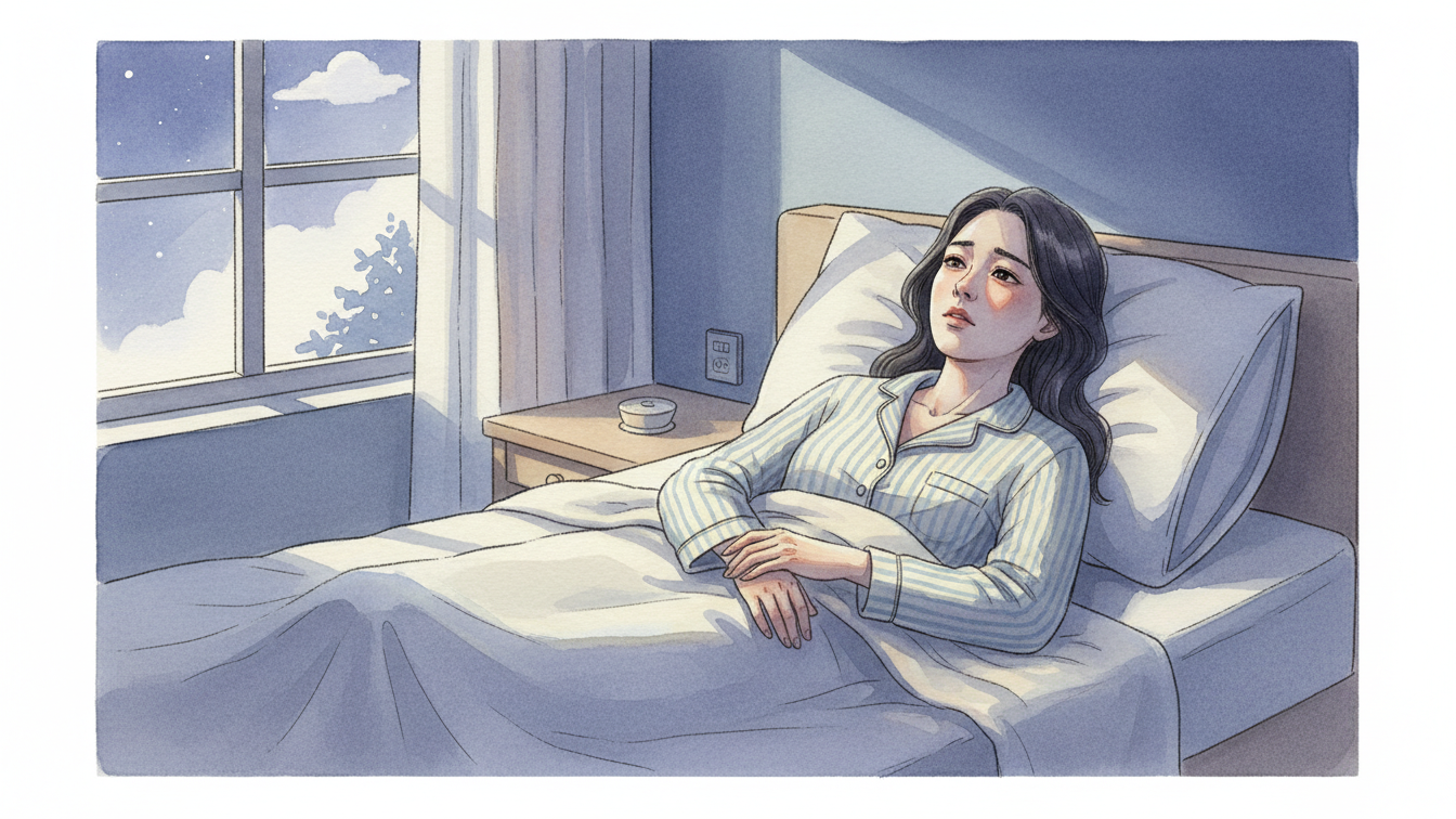 밤에 침대에서 잠을 못 이루고 뒤척이는 30대 여성
