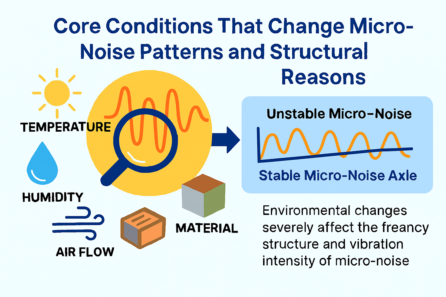 환경 요인이 미시소음의 주파수 구조와 진동 강도에 어떤 영향을 미치는지를 설명하는 이미지