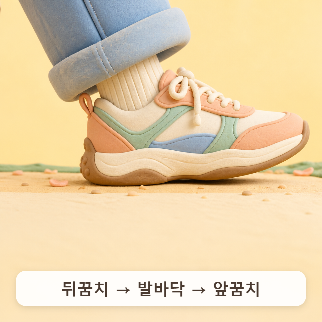 운동화를 신은 발이 뒤꿈치부터 바닥에 닿는 옆모습