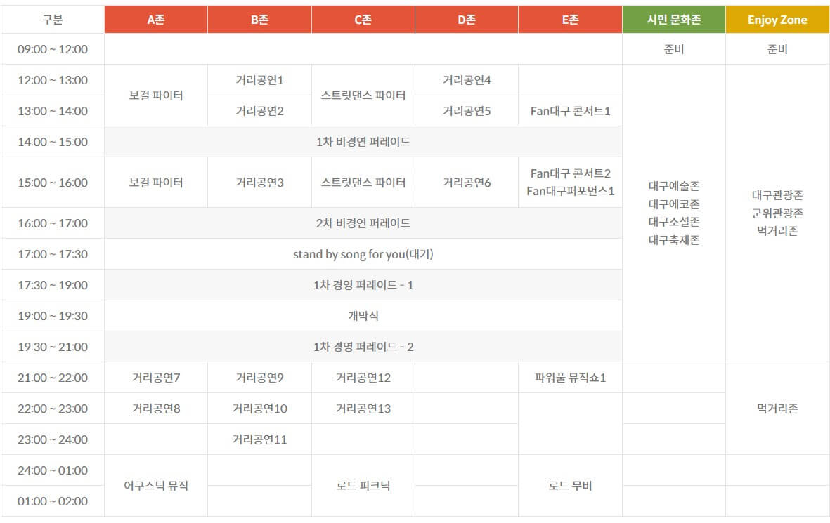 파워풀 대구 페스티벌 5월 13일 행사 시간표입니다.