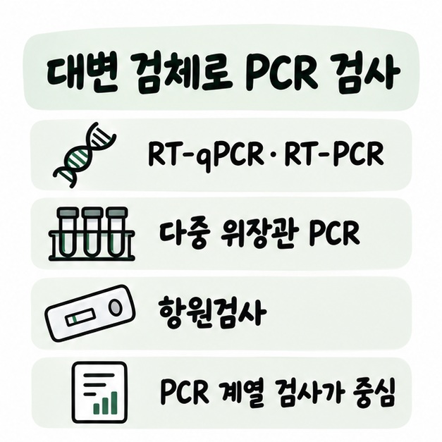 RT-qPCR과 다중 위장관 PCR, 항원검사의 차이를 간단히 비교하는 검사 방법 카드