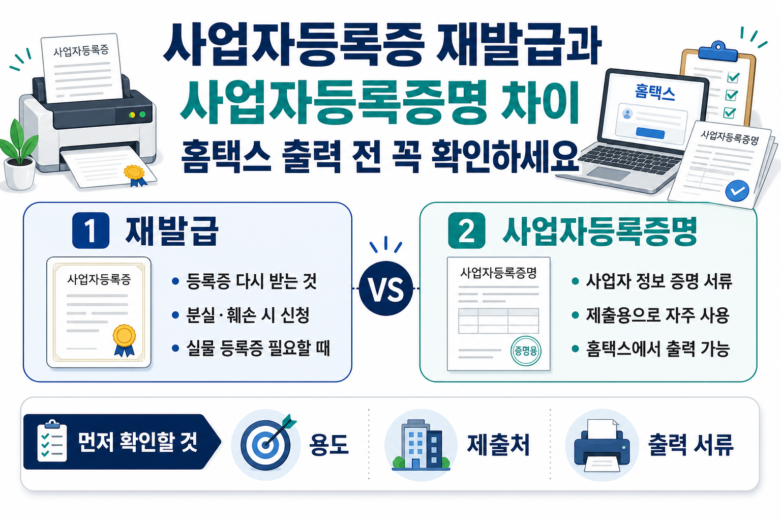 개인사업자가 홈택스에서 사업자등록증 재발급과 사업자등록증명 발급 차이를 확인하고 필요한 서류를 출력하는 방법을 설명하는 이미지