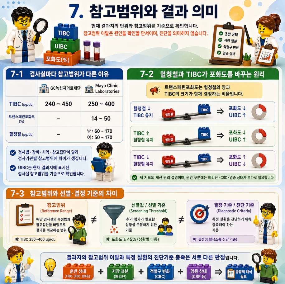 레고 스타일 메디컬 인포그래픽으로 TIBC, UIBC, 트랜스페린포화도로 확인할 수 없는 내용과 검사 한계를 설명한 이미지