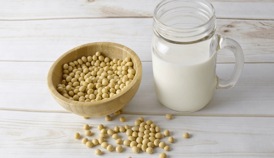 두유 효능을 알고 콩과 두유과 함께 테이블 위에 놓여 있다