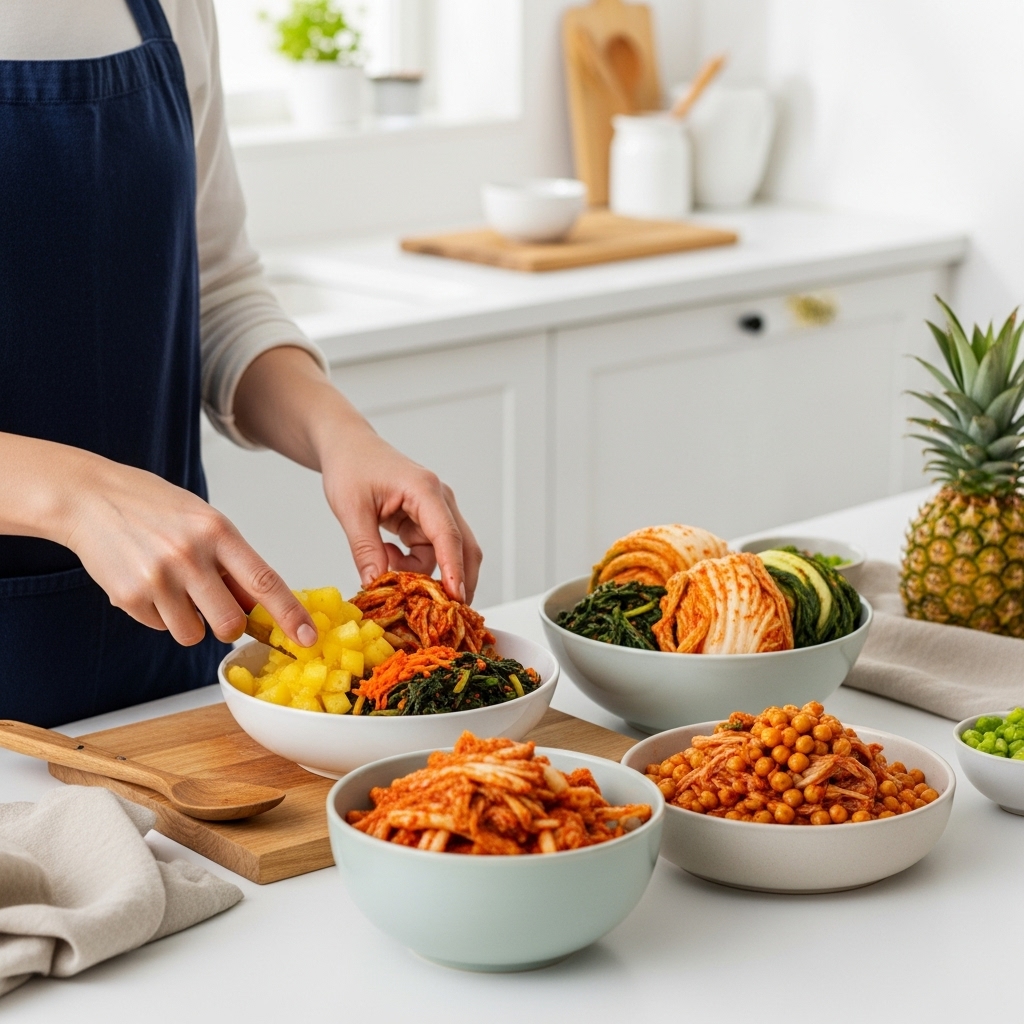 2025년 김장 트렌드를 보여주는 현대적인 주방에서 간편하게 만들 수 있는 이색 김치(파인애플 김치, 병아리콩 비건 김치 등)를 담그는 모습