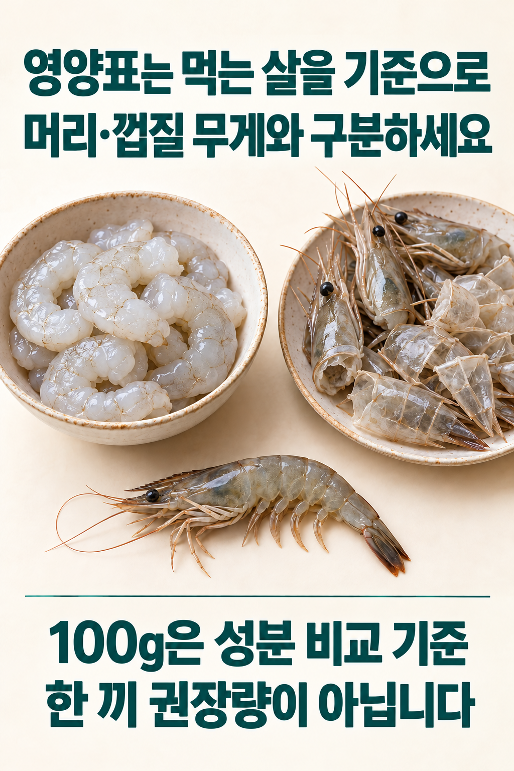 껍질을 벗긴 생대하 살과 머리&middot;껍질을 구분하고 100g의 의미를 설명한 비교