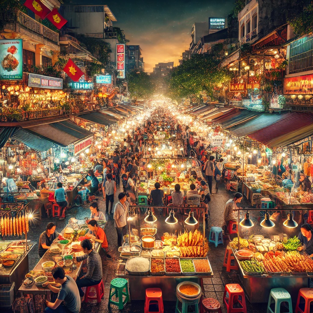 동쑤언 야시장의 활기찬 거리 풍경과 노점 음식들