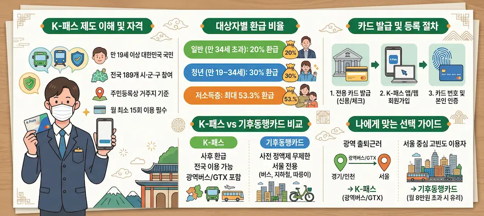 K-패스 대중교통 환급금 제도와 서울시 기후동행카드의 혜택 구조 및 이용 요금을 직관적으로 비교 정리한 안내 일러스트 이미지