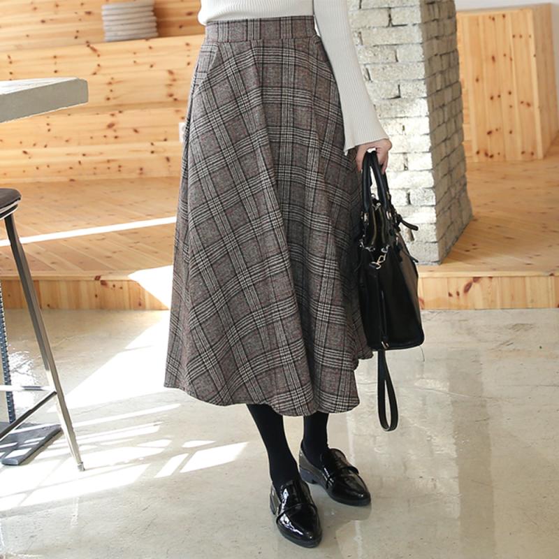 데일리앤 울 체크 모직 플레어 롱 스커트