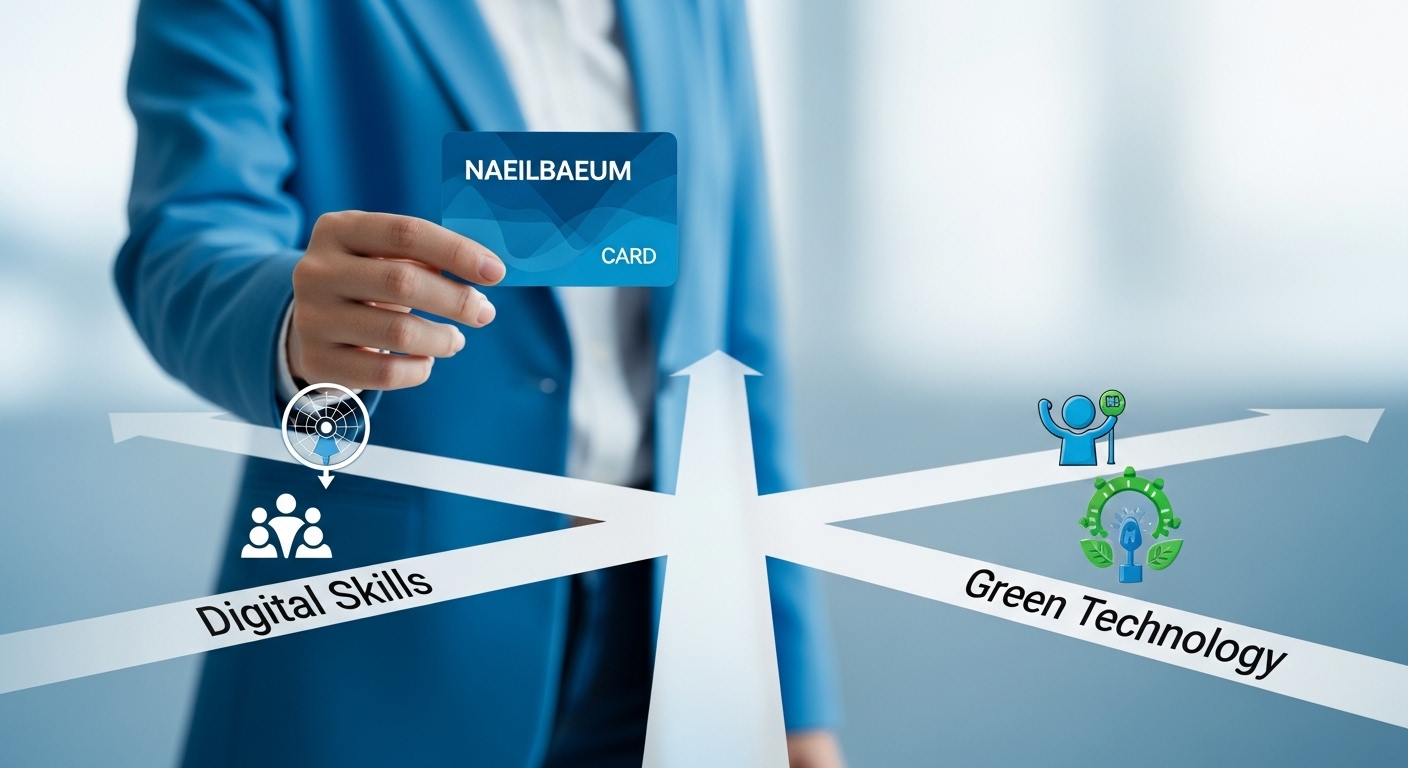 다양한 직업 훈련 경로 앞에서 고민하는 사람의 모습과 내일배움카드가 보이는 이미지. 진로 선택의 중요성을 나타냄.