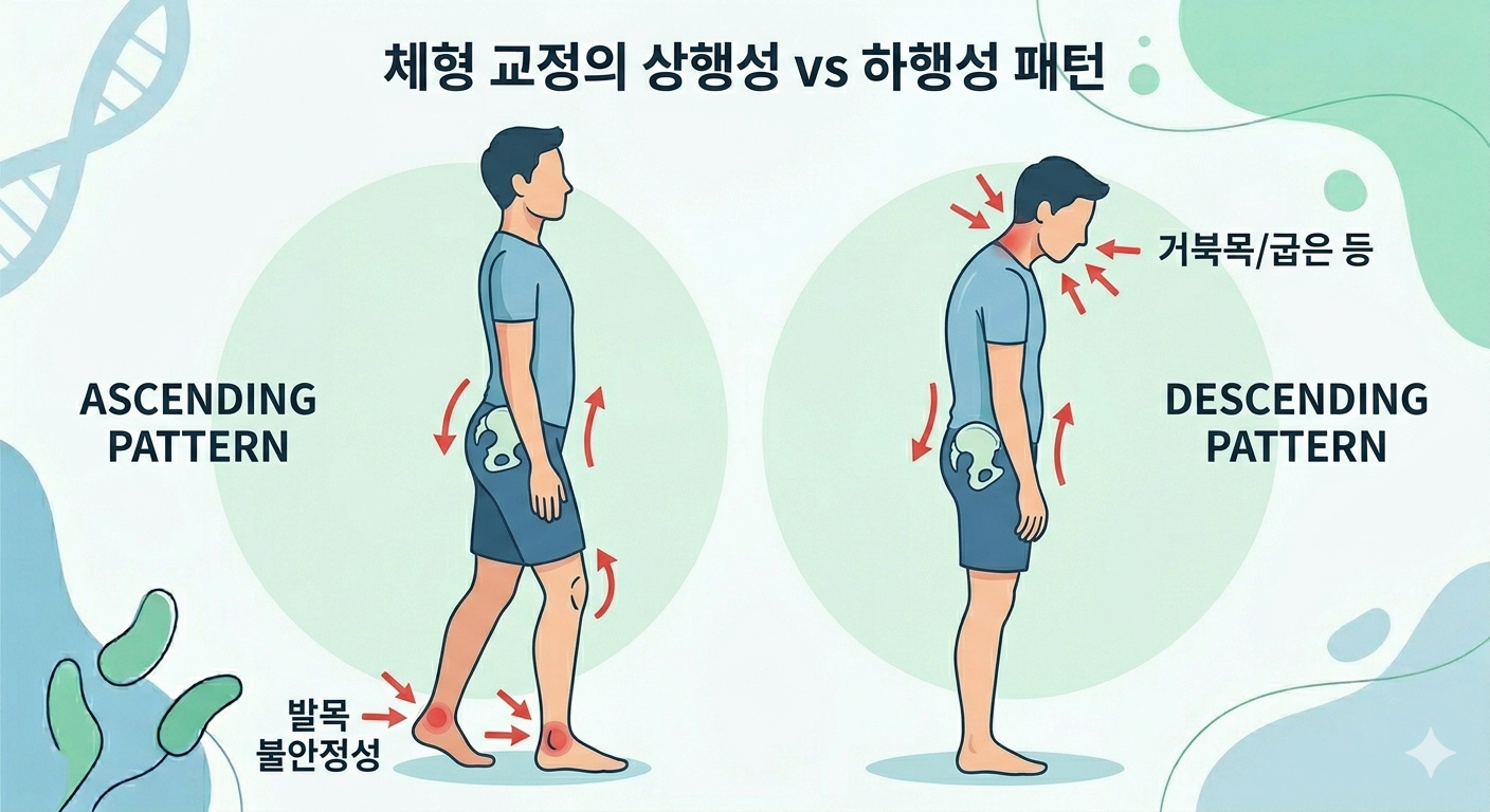 체형 교정 운동 사슬 통증 시작점 발목 상행성 턱 목 하행성 패턴 전신 체형 변화 인포그래픽