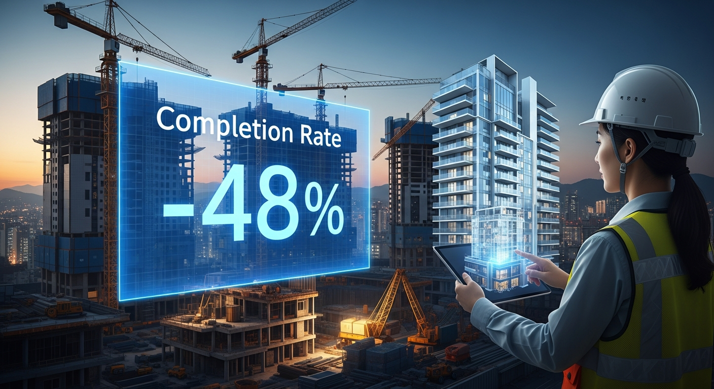 서울의 건설 현장 시각화 이미지로 '입주율 -48%'라는 홀로그램 오버레이가 떠 있다. 검은 머리의 젊어 보이는 중년 한국인 여성 건축가가 검은 화면의 태블릿을 들고 있으며, 태블릿 위로 희소한 아파트 건물의 3D 홀로그램이 투사되고 있다.