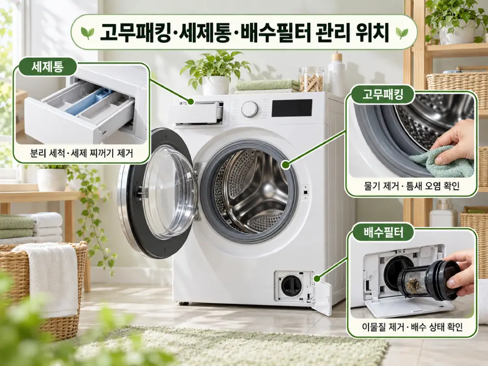 드럼세탁기의 주요 청소 부위인 고무패킹, 세제통, 배수필터의 위치와 관리 방법을 설명한 이미지. 고무패킹의 물기와 오염 제거, 세제통의 세제 찌꺼기 청소, 하단 배수필터의 이물질 제거 방법을 보여주는 안내 인포그래픽.