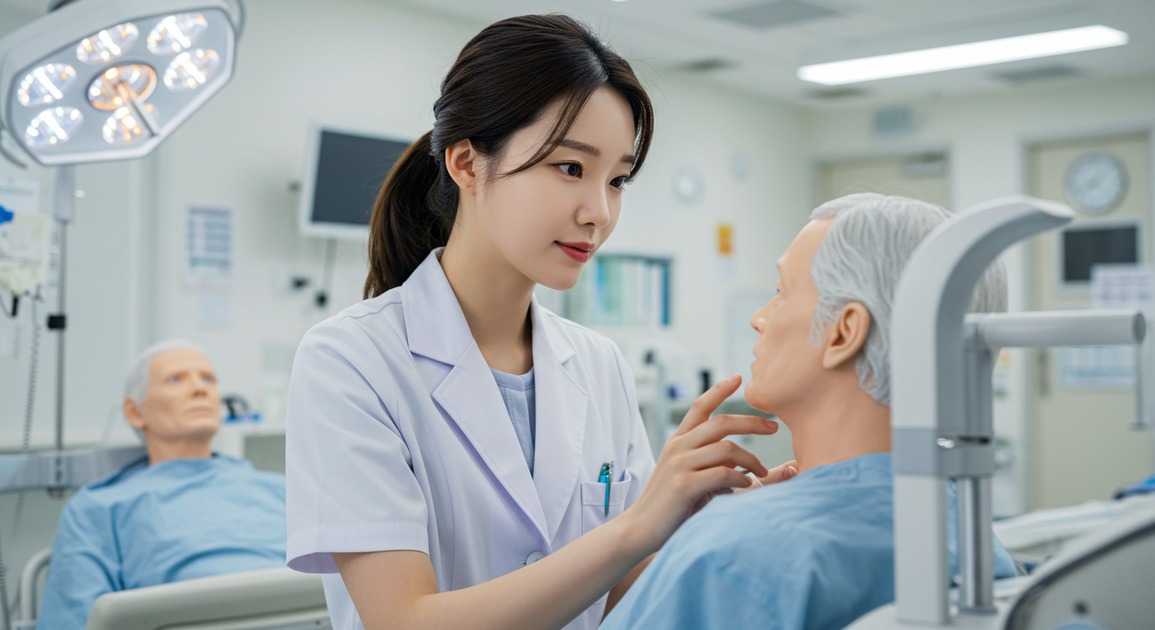 가상치매환자 돌보는 여자 간호사 이미지