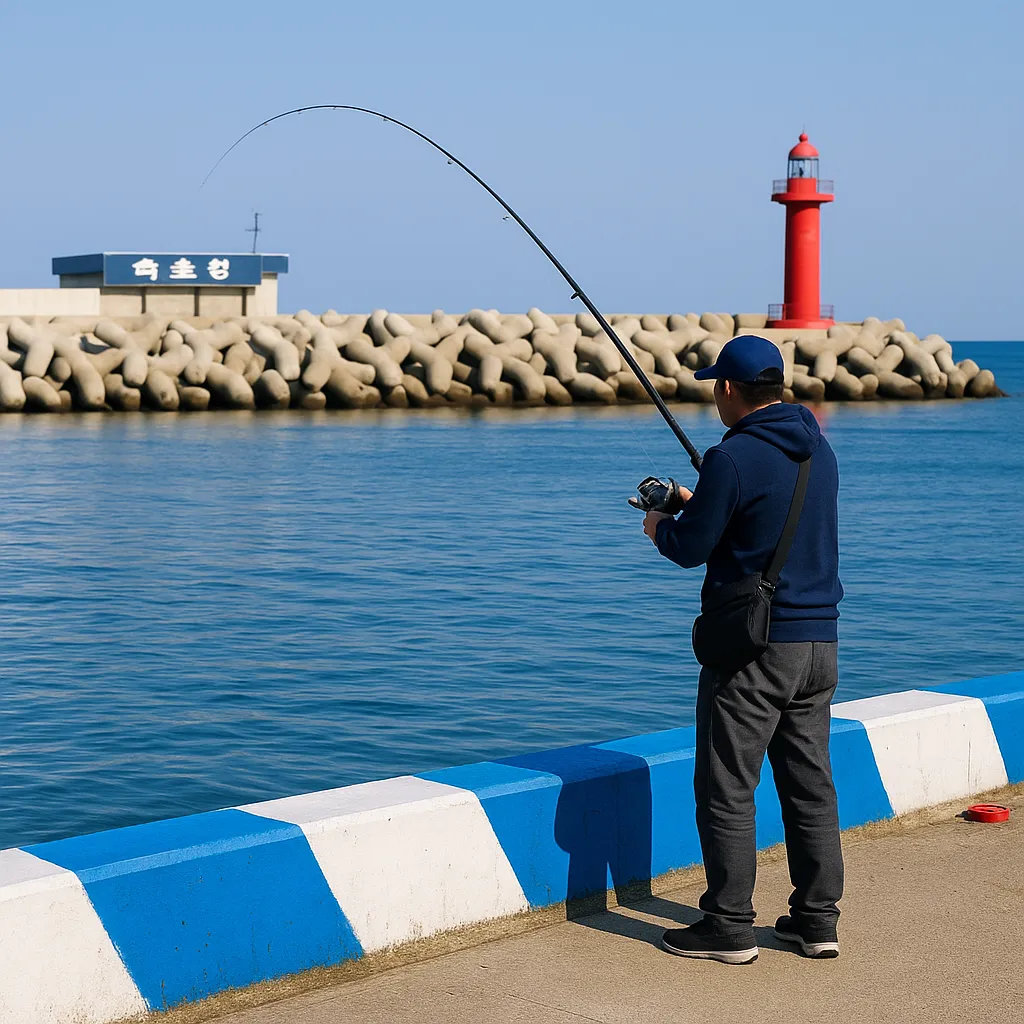 속초항 방파제에서 전갱이 낚시를 즐기는 모습