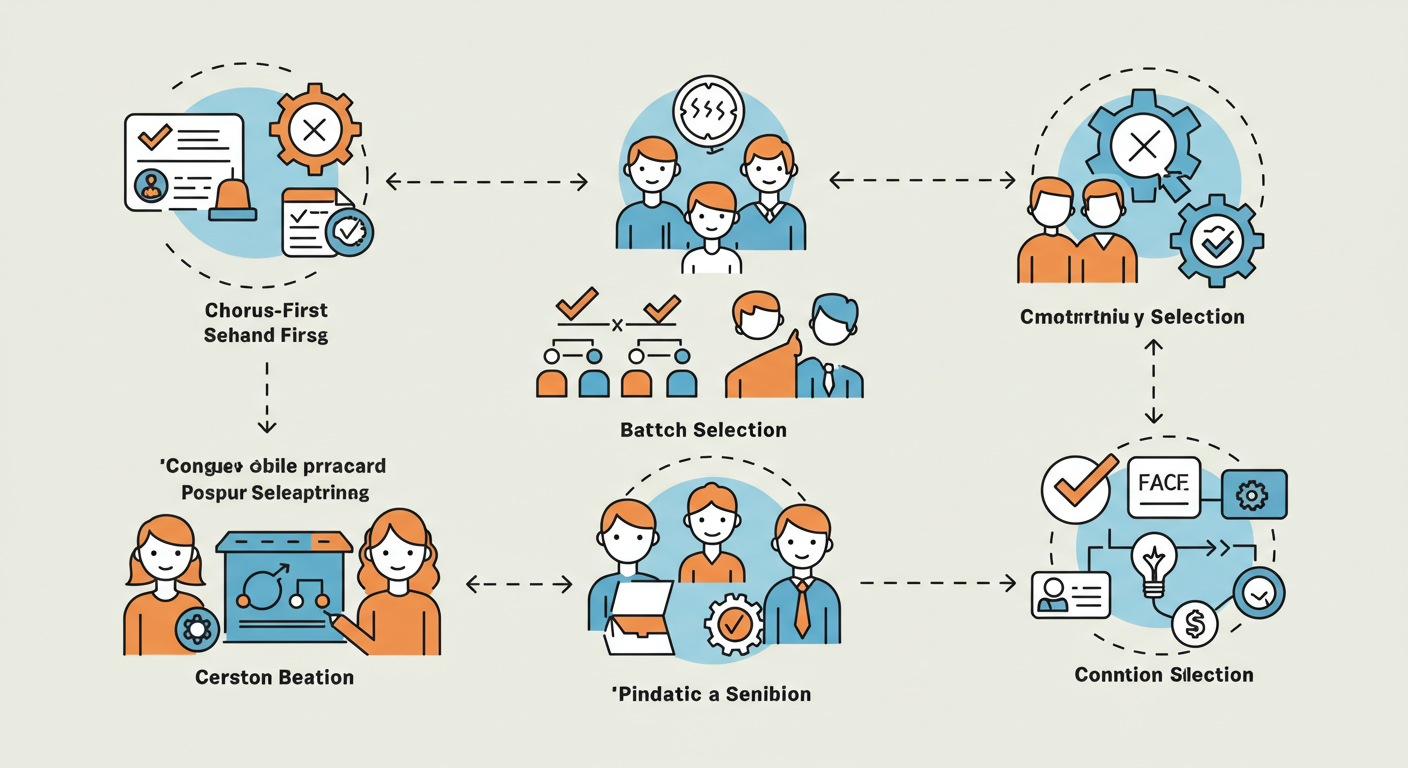 후렴 우선, 발음/호흡, 메타포, 버치 선택, 규격 합의, 표절 검사 등 아이콘 형태의 체크리스트 일러스트
