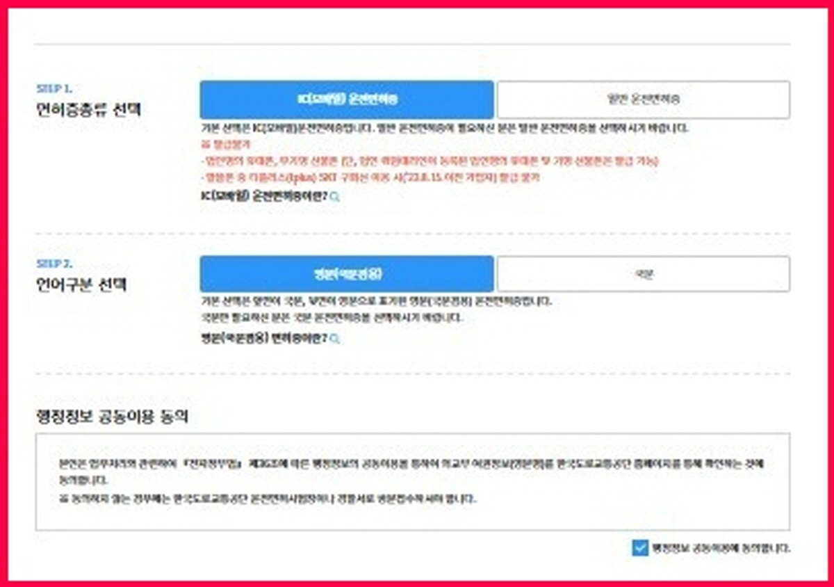 IC 운전면허증 온라인 신청, 면허 종류 선택 및 국문&middot;영문 언어 구분 화면