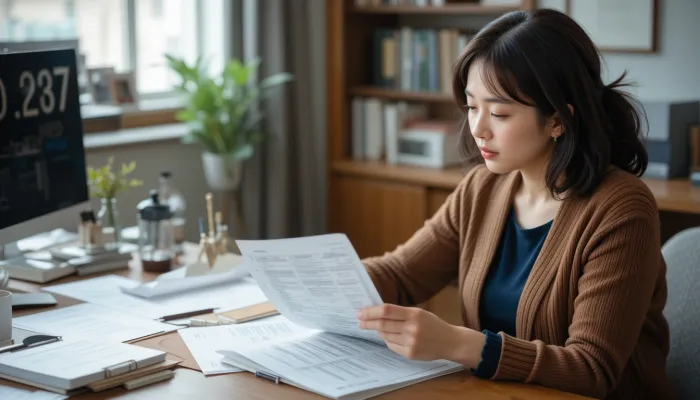 책상에 앉아 영수증과 가계부를 확인하며 흐름을 정리하는 장면