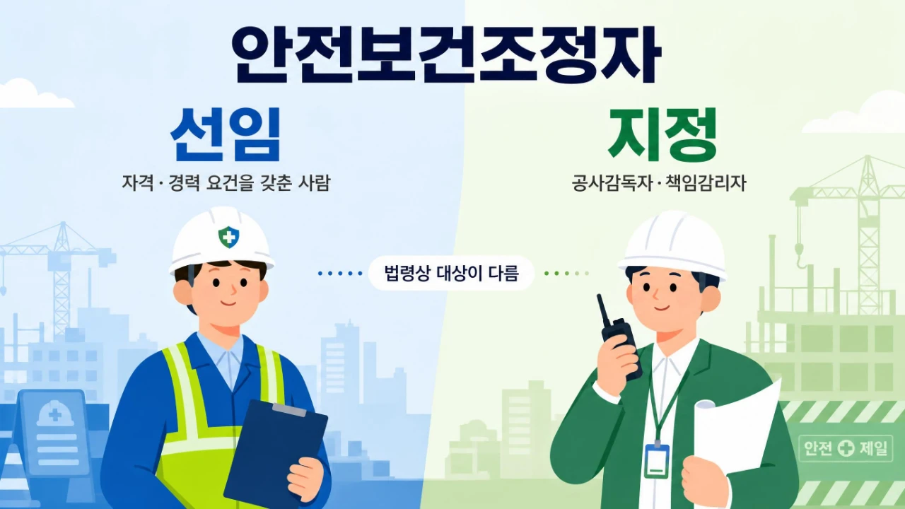 안전보건조정자의 선임 대상과 지정 대상을 비교한 개념도