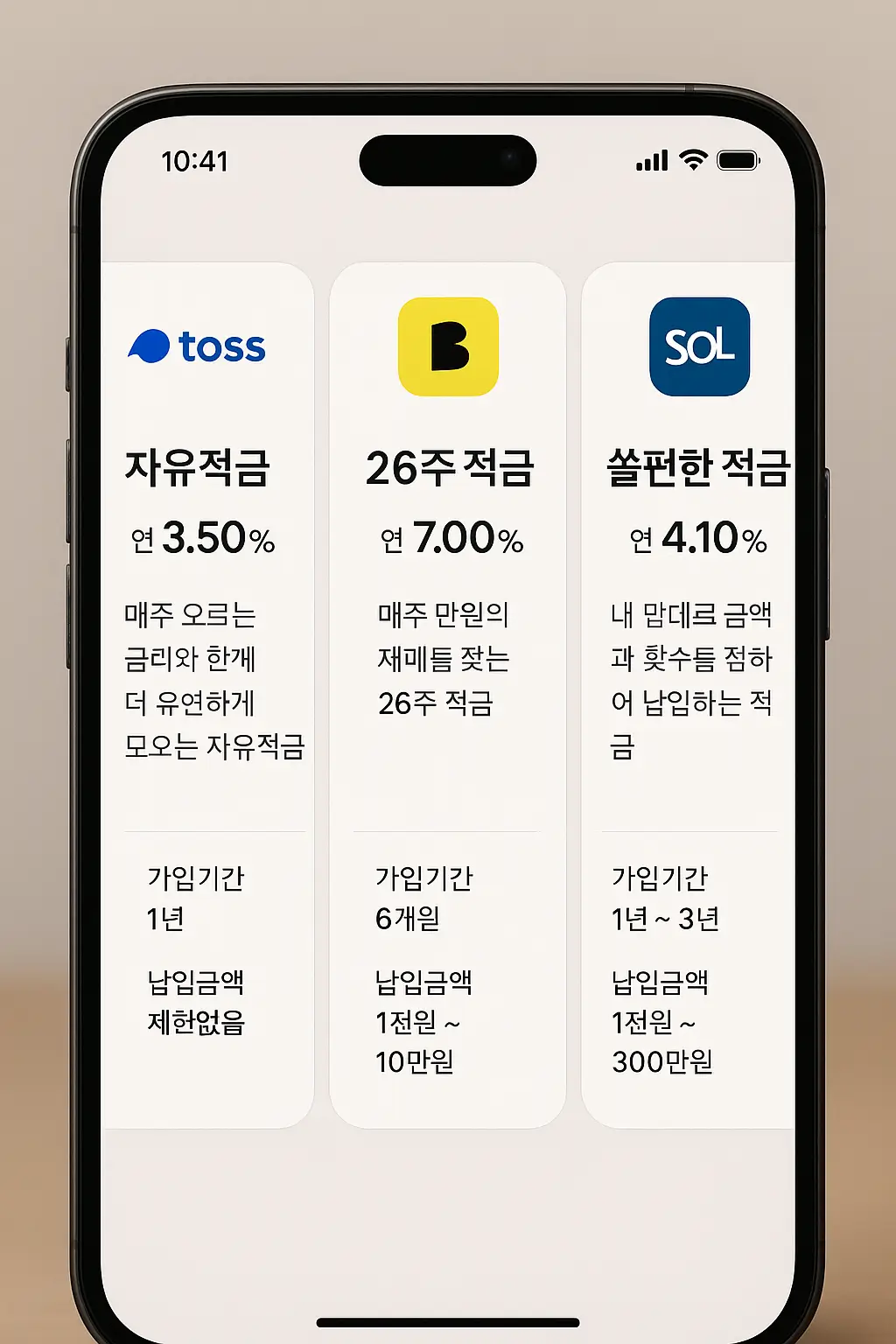 토스, 카카오뱅크, 신한은행 적금 앱 화면 비교 - 연 3.5~7.0%