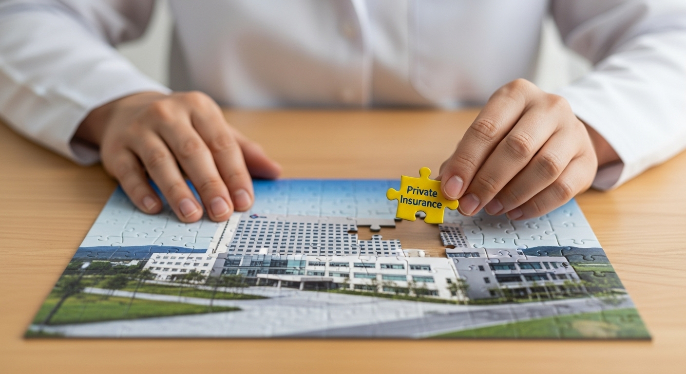 한 사람의 손이 'Healthcare Costs'라는 그림 퍼즐의 마지막 빈 공간에 'Private Insurance'라고 적힌 조각을 맞춰 넣는 모습