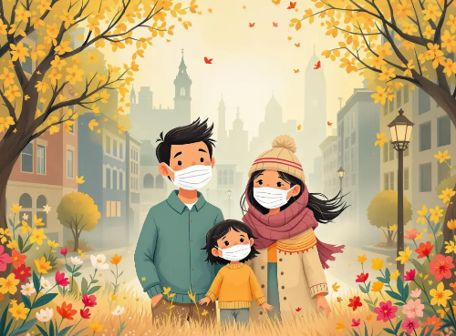 봄-황사-꽃-가족-마스크