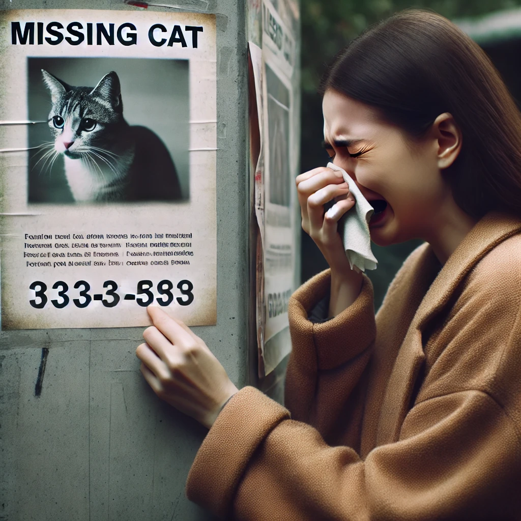 고양이 전단지를 붙이는 고양이 주인의 모습