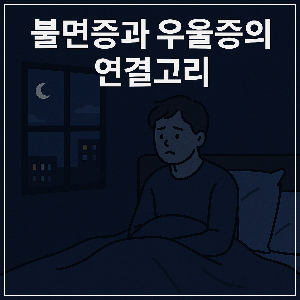 밤에 침대에 앉아 있는 남성이 불면증으로 힘들어하는 모습을 담은 일러스트, 창밖으로는 조용한 야경이 보이고 상단에는 '불면증과 우울증의 연결고리'라는 문구가 적혀 있음.
