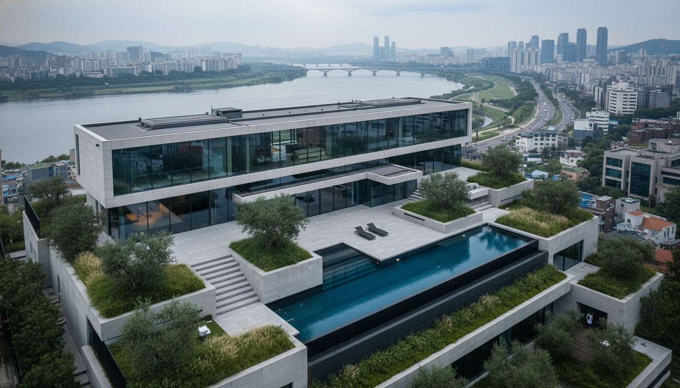 한강과 서울 스카이라인을 배경으로 한 용산 고급 빌라의 전경. 현대적인 건축물과 푸른 정원이 어우러져 고급스러움과 프라이버시를 강조합니다.