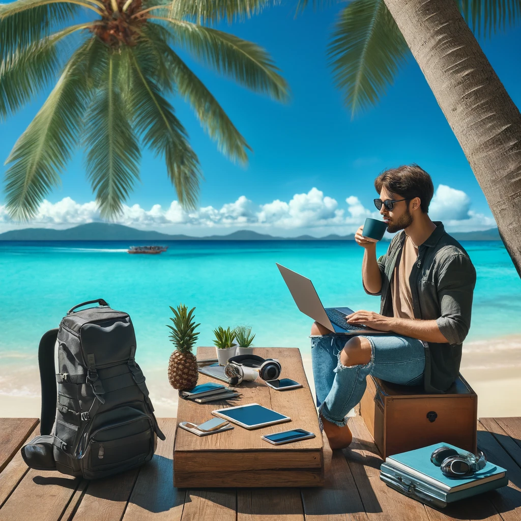 디지털 노마드의 자유로운 삶을 담은 이미지입니다. 열대 해변에서 노트북으로 일하며 커피를 마시는 모습이 담겨 있어, 일과 삶의 균형을 상징합니다.