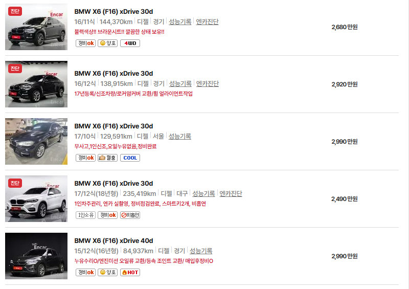 BMW X6 중고차 가격 시세표 유지비