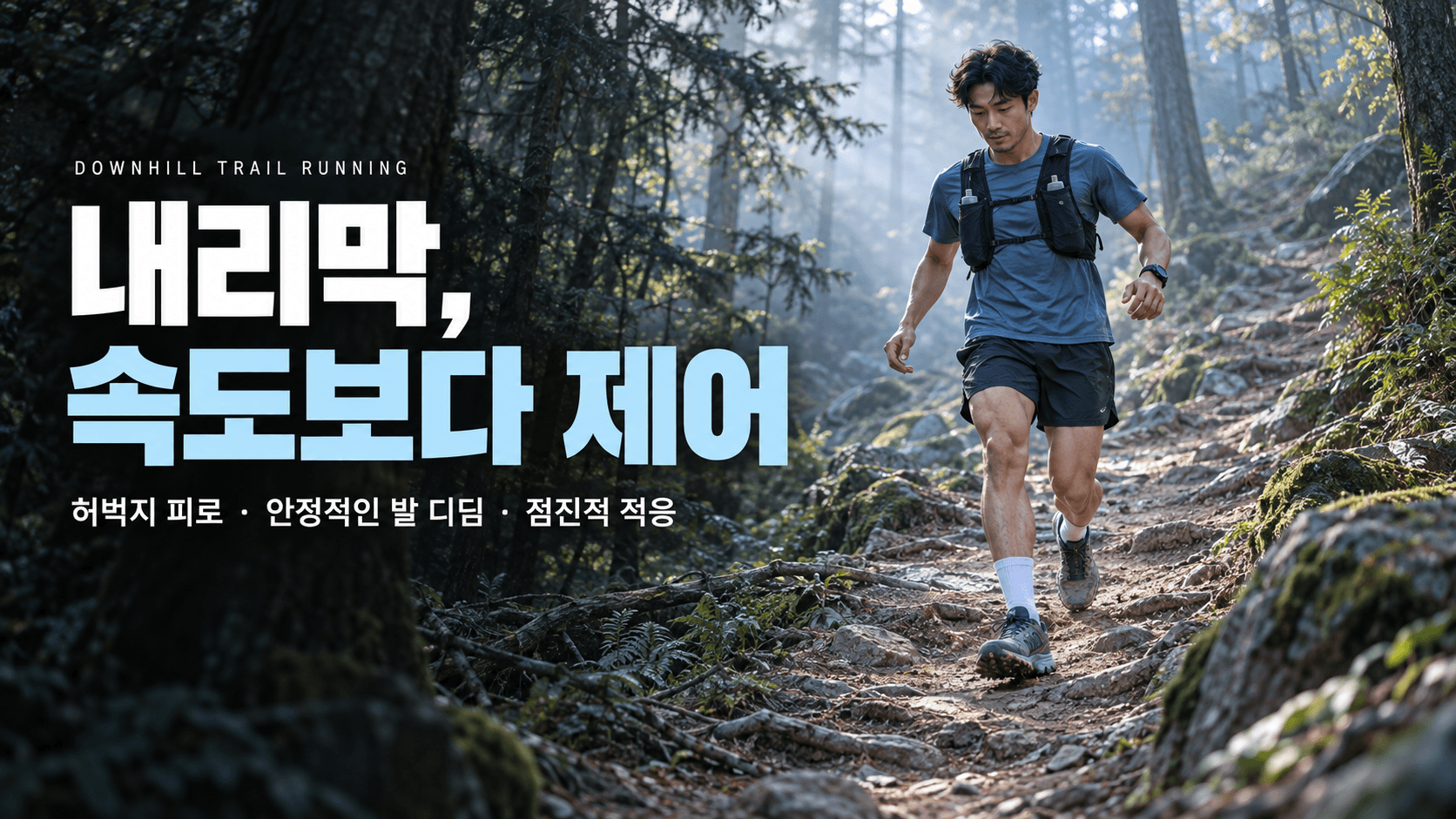 러닝조끼를 입고 발 디딜 곳을 살피며 숲길 내리막을 내려오는 러너와 &lsquo;내리막, 속도보다 제어&rsquo;라는 제목, 허벅지 피로&middot;안정적인 발 디딤&middot;점진적 적응 문구가 담긴 이미지