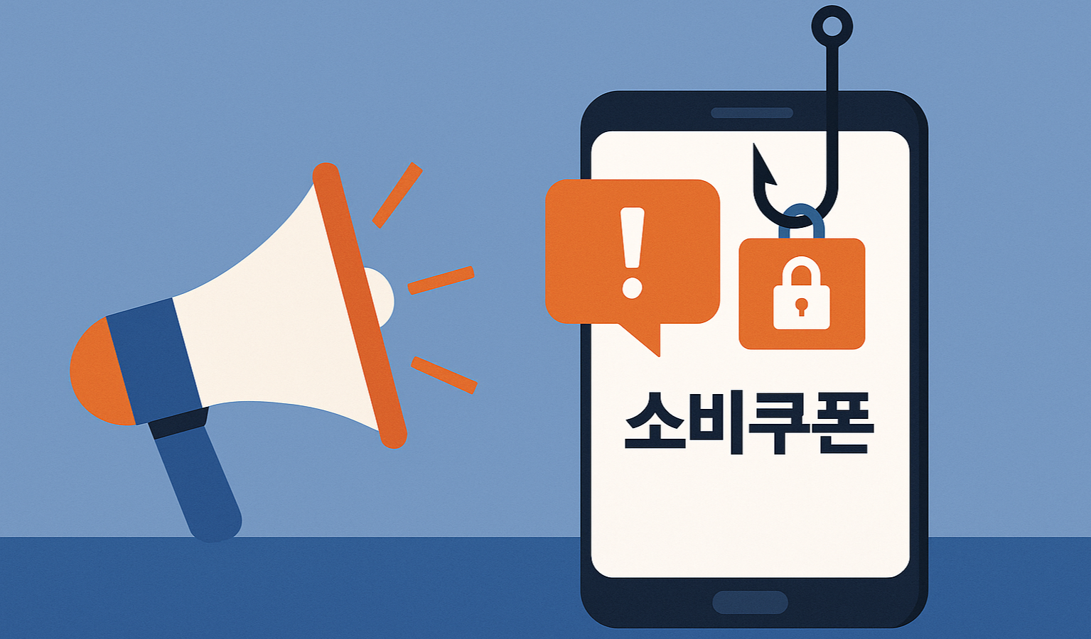 스마트폰에 걸린 피싱 후크와 경고 아이콘으로 표현된 스미싱 주의 이미지