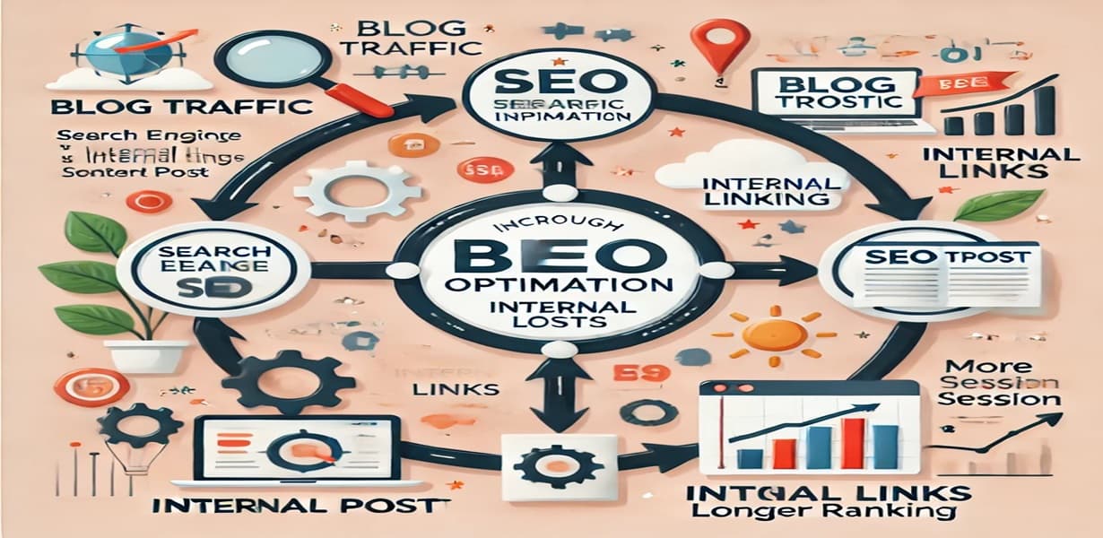 SEO 최적화와 내부 링크 구조를 통한 블로그 트래픽 증가 흐름도 – 검색 → 포스트 → 내부 링크 → 더 많은 글 → 체류시간 증가 → 상위 노출 순환