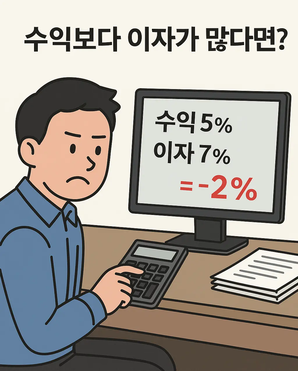 계산기를 두드리며 수익률보다 높은 이자율을 확인하고 걱정하는 남성, 모니터엔 수익 5%, 이자 7%, 적자 -2% 표시