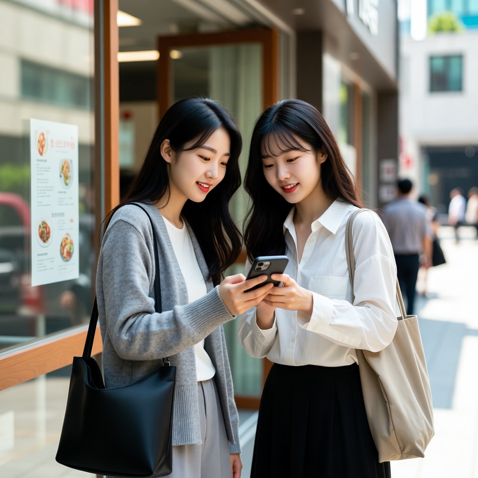 20대 여성 2명이 스마트폰으로 딥페이크 판별 방법 검색하는 모습
